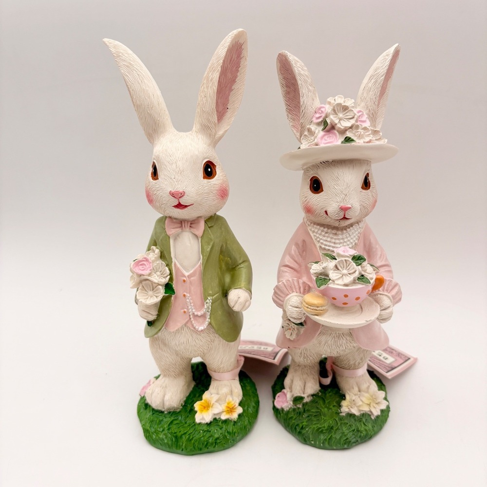 Begonia Market Easter Bunny Rabbit Figurines Pair Pink Green Resin Spring Decor